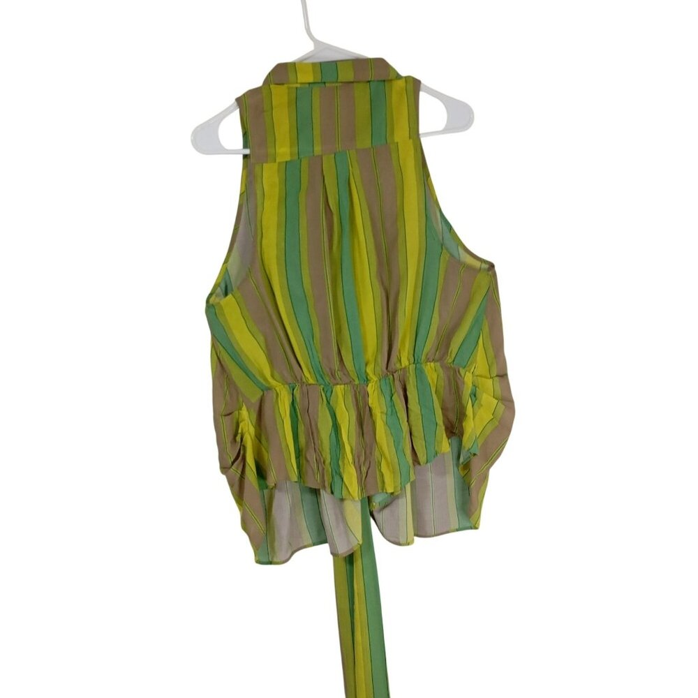 Free People Striped Sleeveless Button-Down Tie-Front Blouse Top S Green & Yellow - Picture 10 of 12